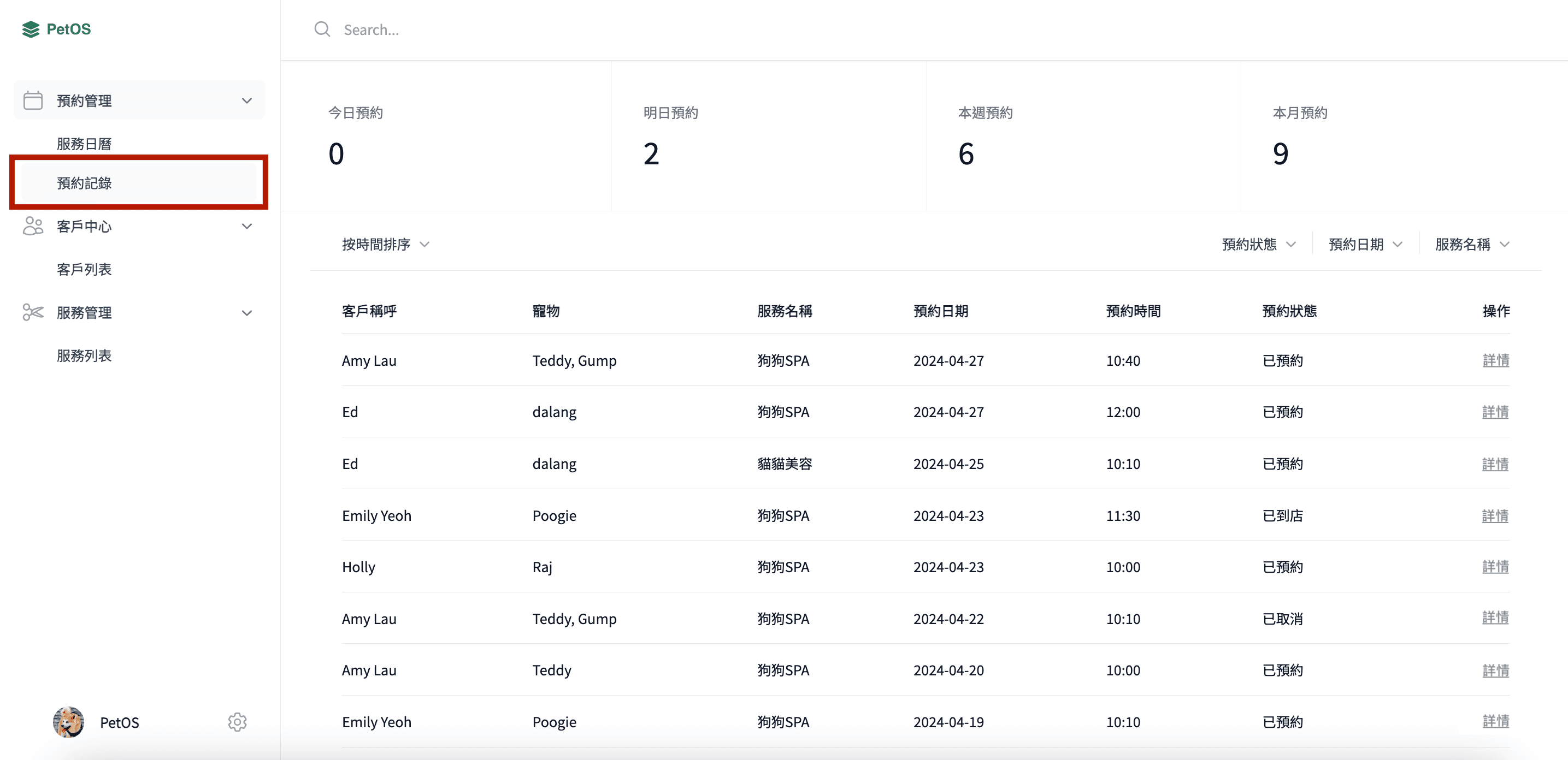 PetOS 預約管理 查詢預約記錄列表