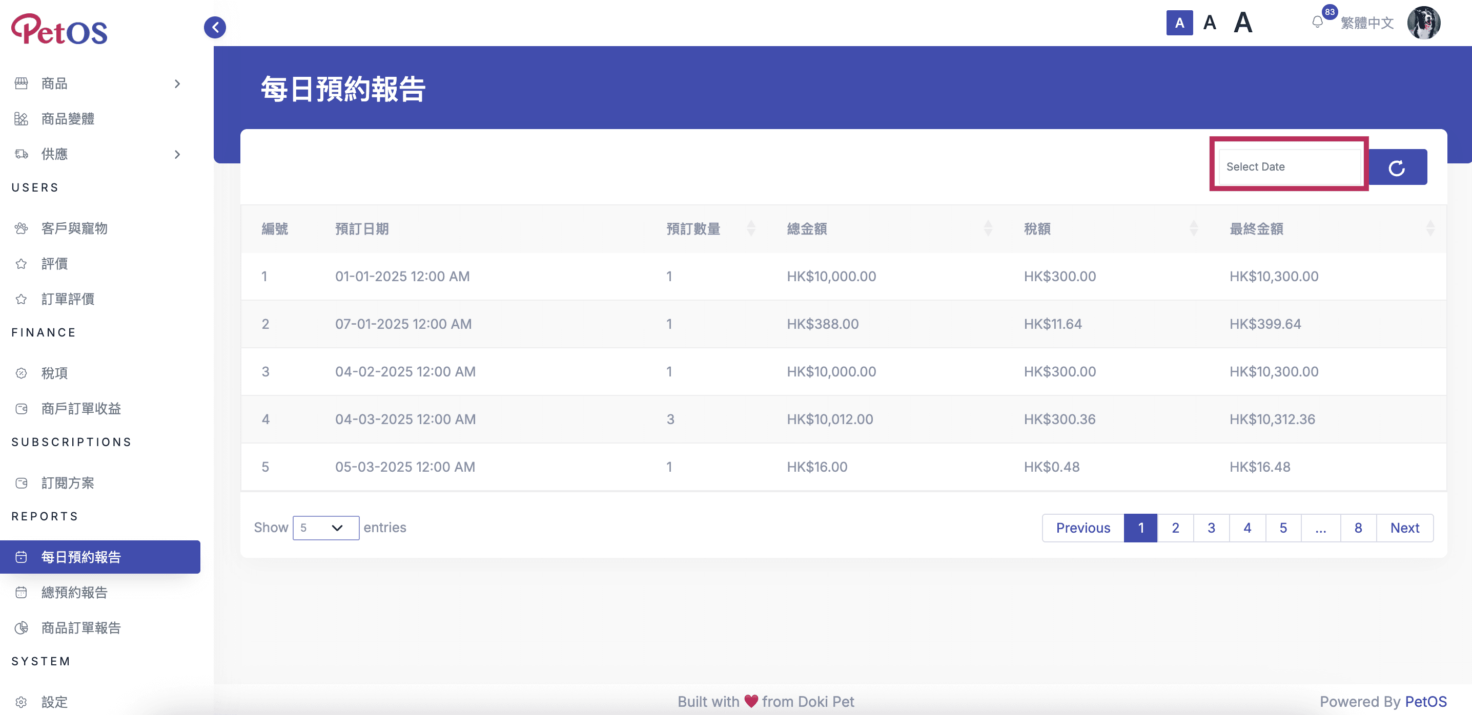 PetOS & Doki商戶版 數據報表 根據日期搜尋每日預約報告01
